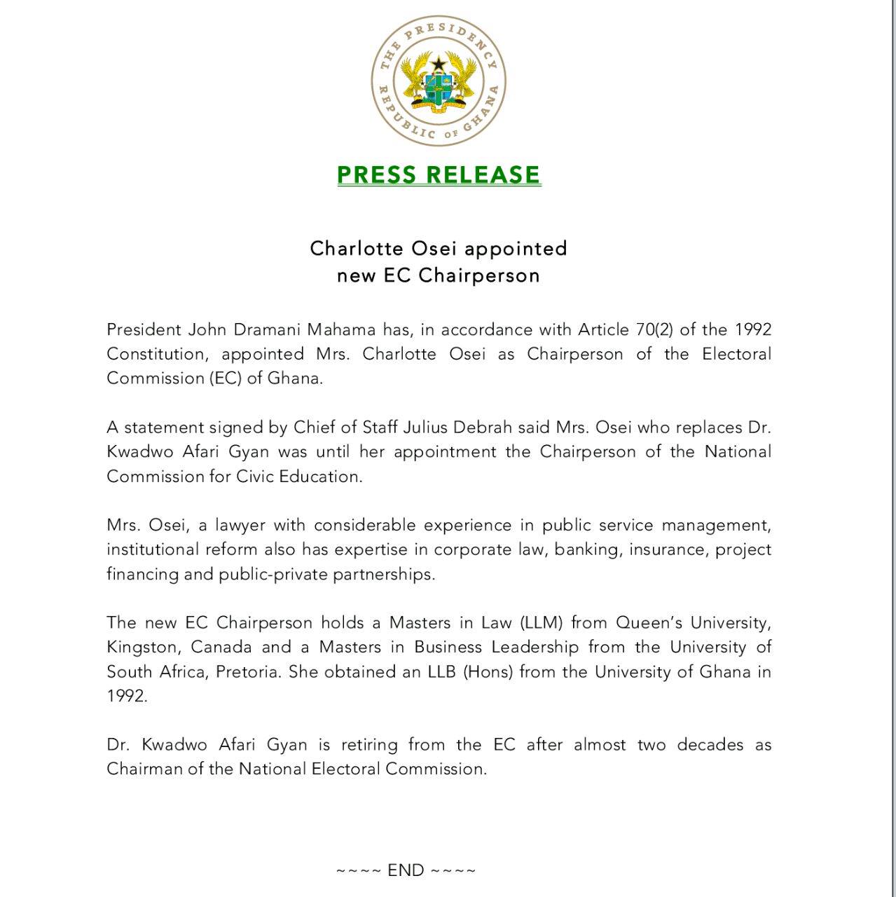 The press statement on the EC boss' appointment