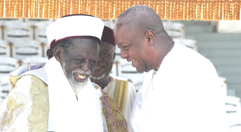 The National Chief Imam, Sheikh Dr Osman Nuhu Sharubutu (Left) with President John Mahama. He has publicly condemned religious extremism and intolerance