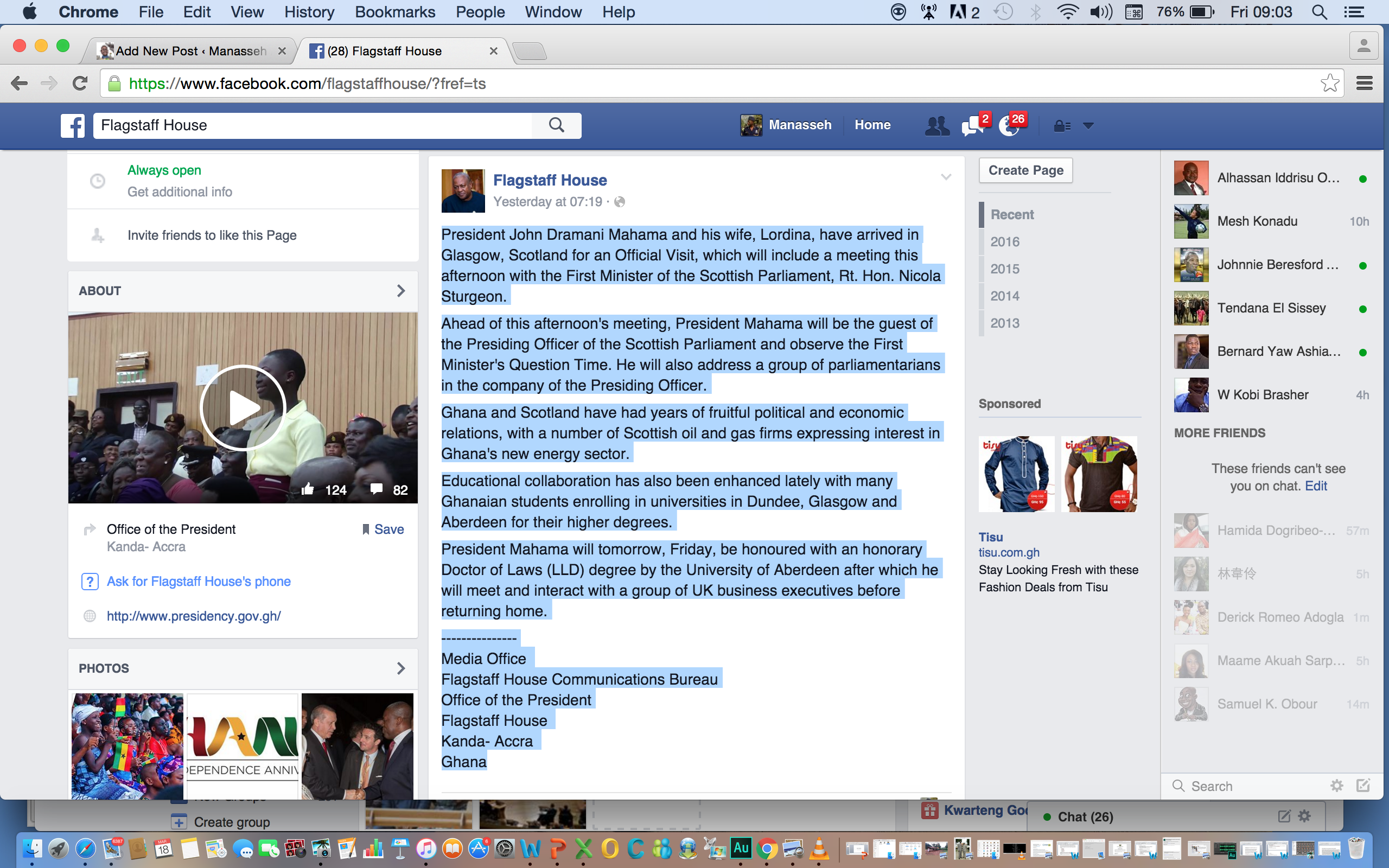 The Facebook page of the Presidency of Ghana announcing the President's visit to Scottland