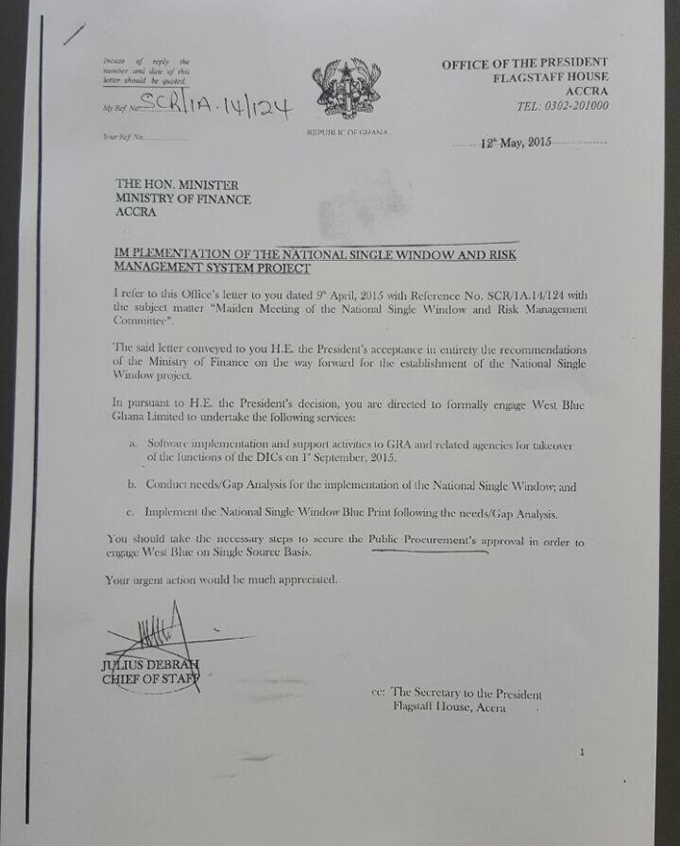 A leaked letter from the Office of the Presidency that shows President Mahama's had a say in the West Blue contract