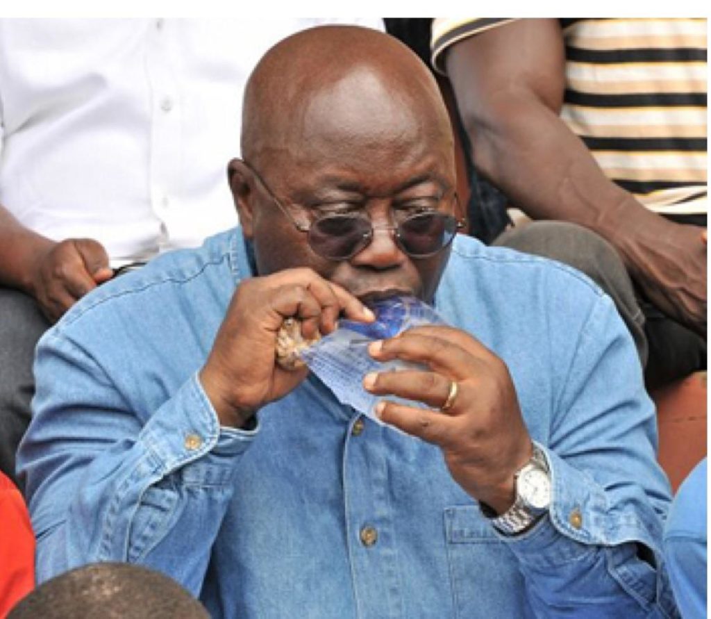 Nana Akufo-Addo posing as a hustler drinking sachet water and holding roasted ground nut.