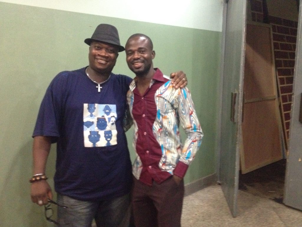 Wofa K (left) and the writer of this article Manasseh Azure Awuni at the launch of Efo Kodjo Mawugbe's books, where Wofa K was one of the characters in Efo's award-winning play, Prison Graduates