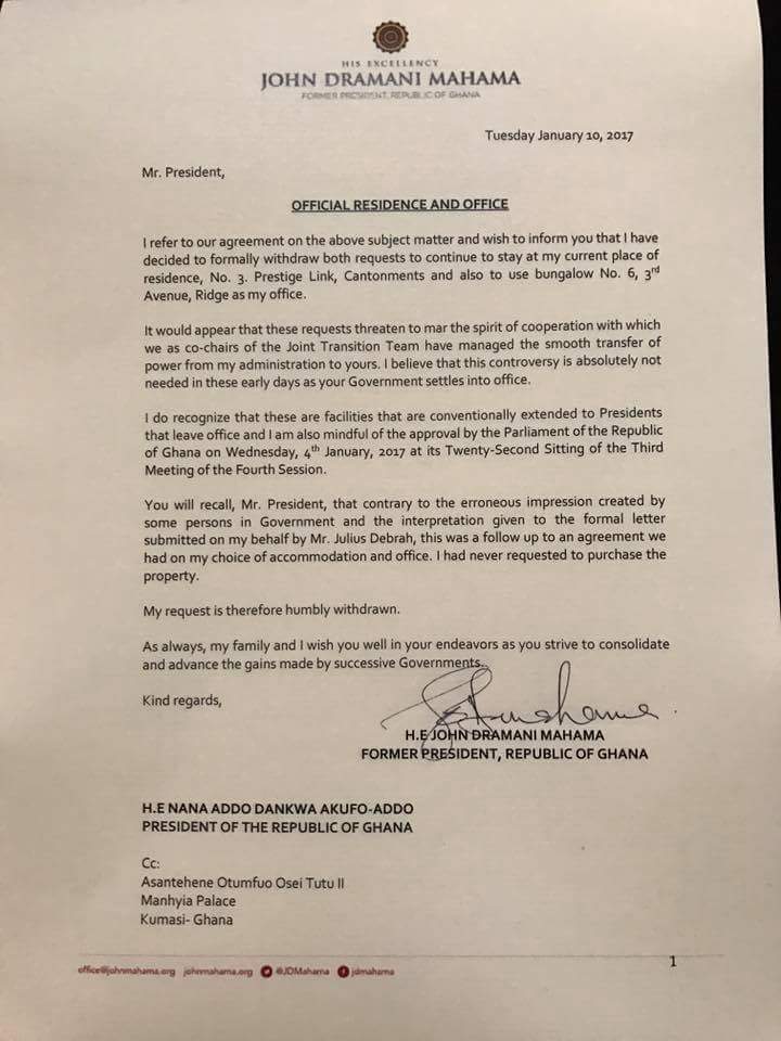 Former President Mahama's letter withdrawing the request