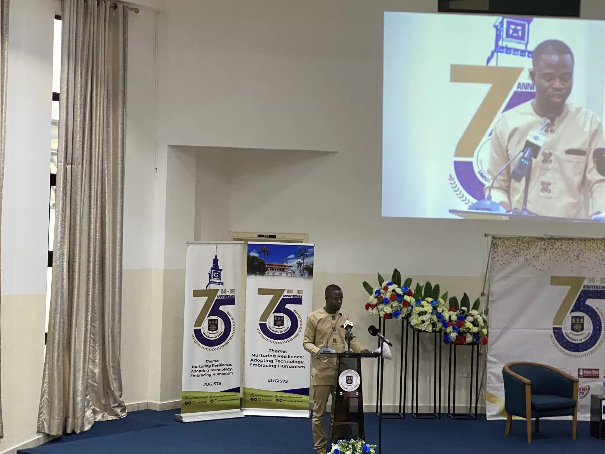 Manasseh Azure Awuni delivering the Public lecture as part of University of Ghana's 75th anniversary.